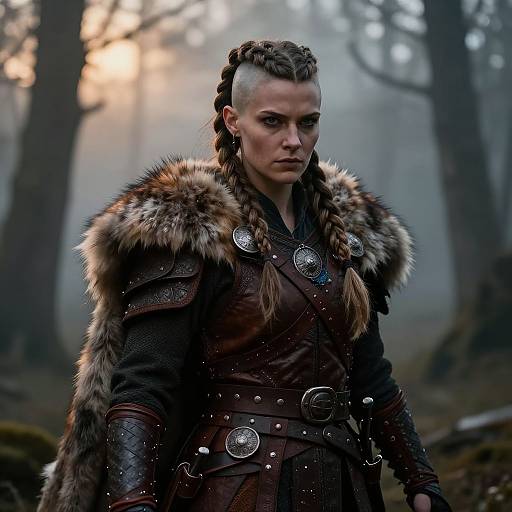 Photograph-like digital art of a stern woman with braided hair, wearing fur-trimmed medieval armor in a misty forest.
