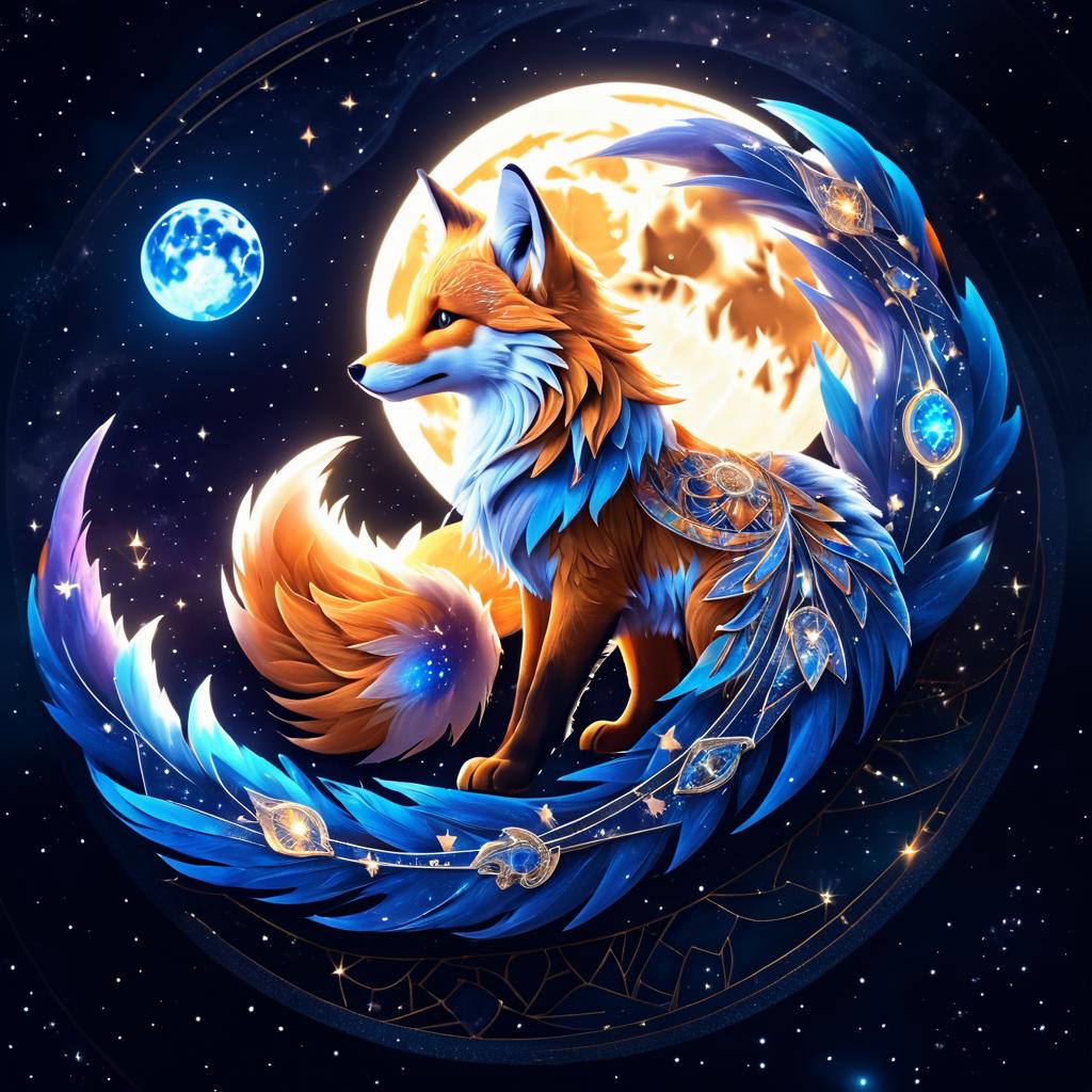 Celestial Fox Holding the Moon in Space