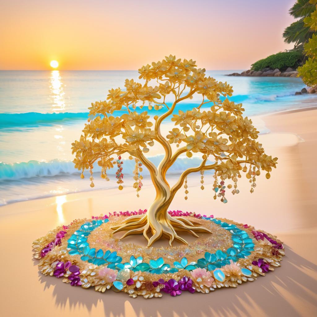 Enchanted Beach with Gem-Studded Tree