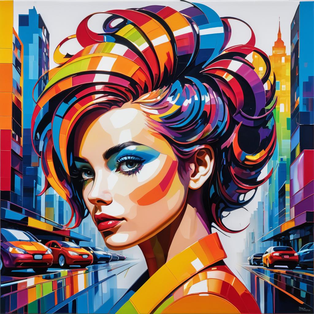 Vibrant Cityscape with Abstract Hair and Makeup