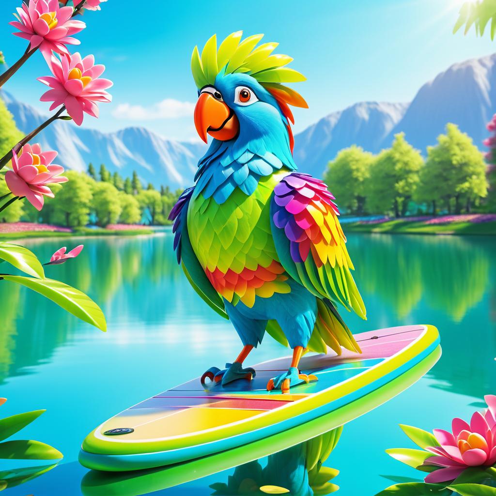 Colorful Parrot on Paddle Board Adventure