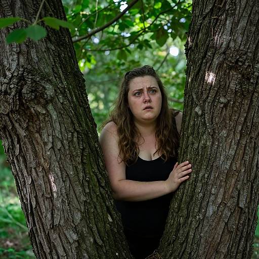 Photograph of a worried-looking, long-haired woman in a black tank top, hiding between two trees in a lush, green forest.