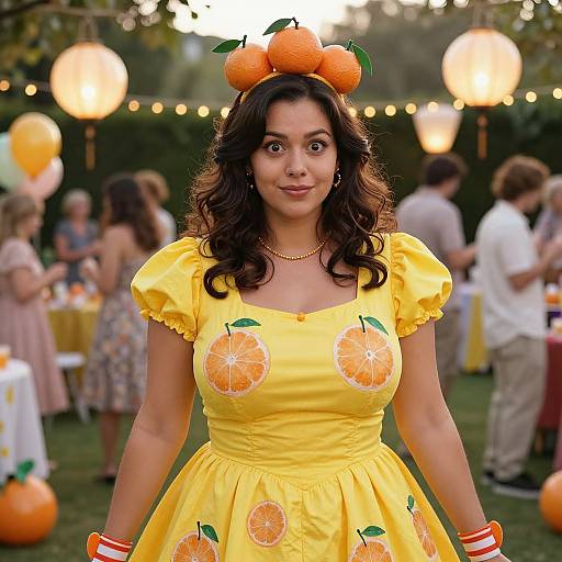 Photograph of a woman with medium skin tone and dark wavy hair, wearing a yellow orange-print dress and orange fruit headpiece, standing in a
