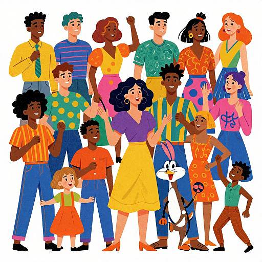 Colorful cartoon illustration of a diverse family with 15 members, featuring various ethnicities, vibrant clothes, and cheerful expressions, standing together.