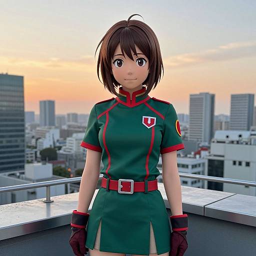 Anime-style digital illustration of a young woman with short brown hair, green military-style dress, red accents, and gloves, standing on a rooftop at sunset