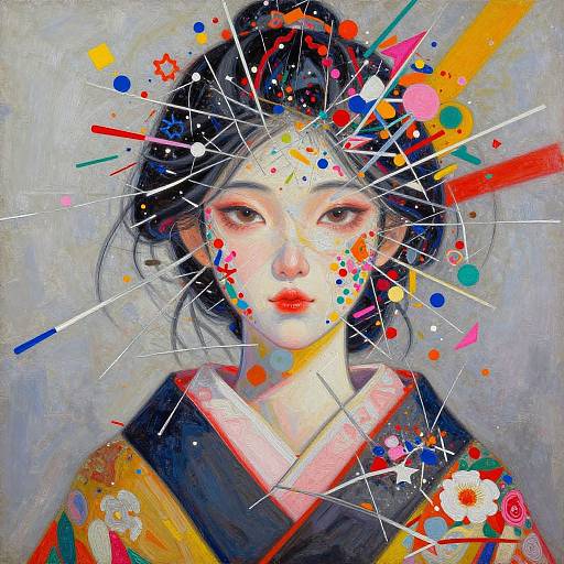 Digital painting of an Asian woman with pale skin, black hair in an updo, wearing a traditional kimono, surrounded by colorful abstract splashes and