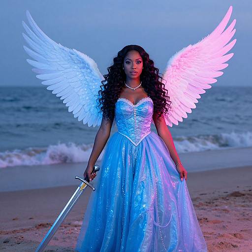 Photograph of a dark-skinned woman with long curly hair, blue and white glowing angel wings, wearing a sparkling blue dress, holding a sword,