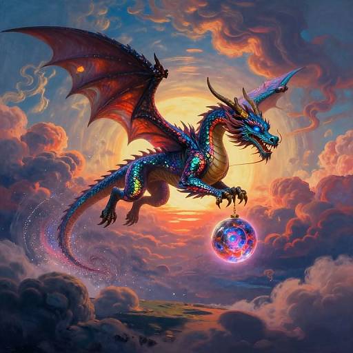 Vibrant digital painting of a blue, winged dragon with glowing scales and red membrane wings soaring through a colorful, cloudy sunset sky, holding a