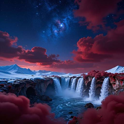 Vibrant digital artwork of a night sky with a galaxy, red clouds, and cascading waterfalls over snow-capped mountains.