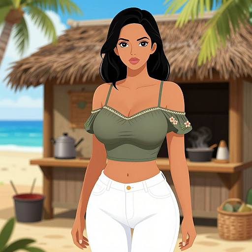 Digital illustration of a tan-skinned woman with black hair, wearing a green off-shoulder top and white pants, standing in front of a beach