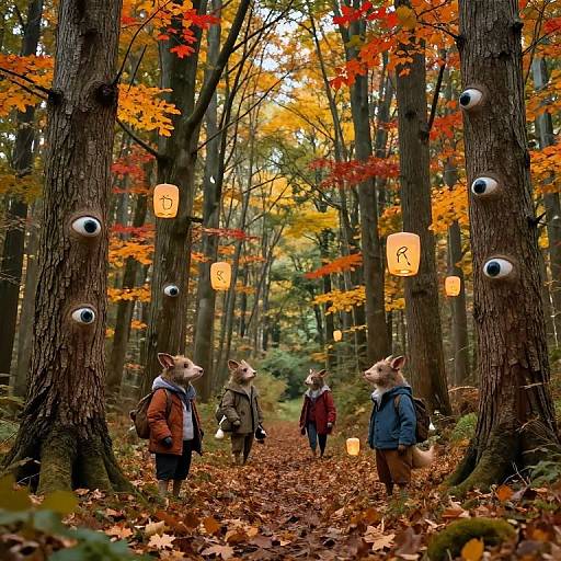 Photograph of three anthropomorphic foxes in autumn forest, wearing jackets, walking on leaf-covered path, surrounded by glowing lanterns and tree eyes.