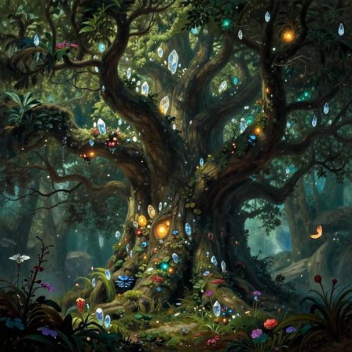 Digital fantasy art of a glowing, enchanted forest tree with bioluminescent crystals and colorful flowers, surrounded by lush greenery.