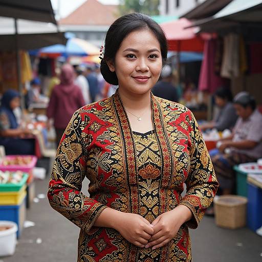 Photograph of an Asian woman with black hair, wearing a red and gold patterned traditional dress, standing in a bustling outdoor market with blurred vendors and