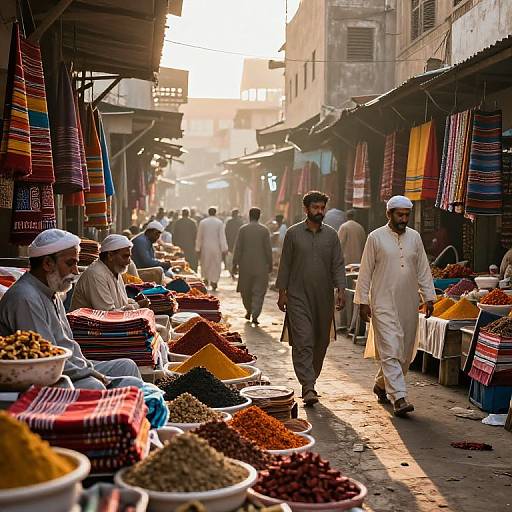Photograph of a bustling outdoor market at sunset, with South Asian men in traditional attire, colorful spices in bowls, and vibrant textiles hanging overhead. Sun