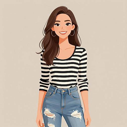 Digital illustration of a smiling woman with long brown hair, wearing a black-and-white striped shirt and blue, ripped jeans, standing against a white background.