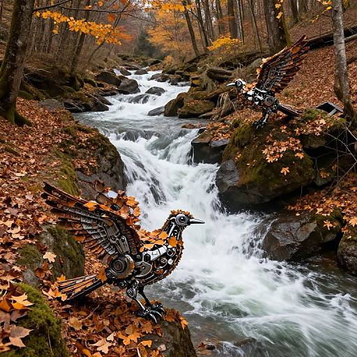 Photograph of a vibrant autumn forest scene with two detailed, black and orange bird sculptures on mossy rocks beside a rushing, white-water stream.