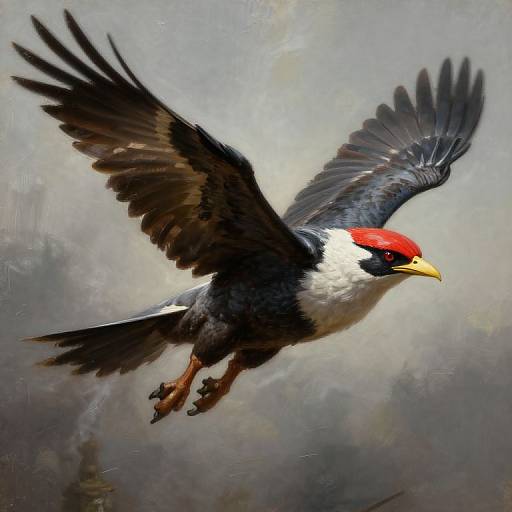 Digital painting of a black-and-white bird with a bright red crown and yellow beak, wings spread wide, flying against a muted gray background.