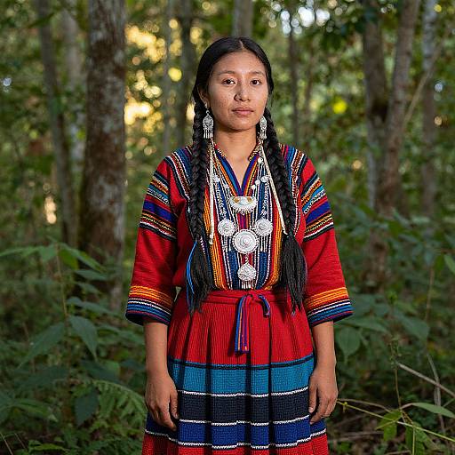 Photograph of a young indigenous woman with long black braids, wearing a vibrant red and blue striped traditional dress with intricate white beadwork, standing in
