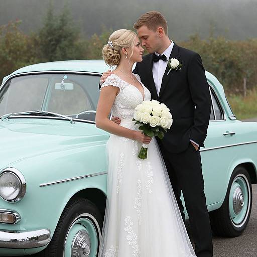 Photograph of a blonde bride in a white lace gown and a brown-haired groom in a black tuxedo, standing by a light blue vintage car