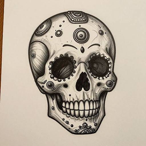 Ink drawing of a detailed, black-and-white sugar skull with intricate circular and floral patterns, large empty eye sockets, and a wide, toothy