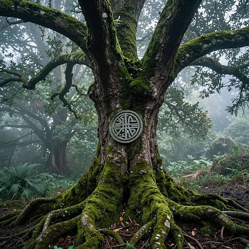 Photograph of a large, moss-covered tree trunk with intricate circular symbol in the center, surrounded by dense, misty forest.