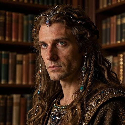 Photograph of a serious, long-haired man with blue eyes, wearing a jeweled crown and ornate robes, standing in a dimly lit library