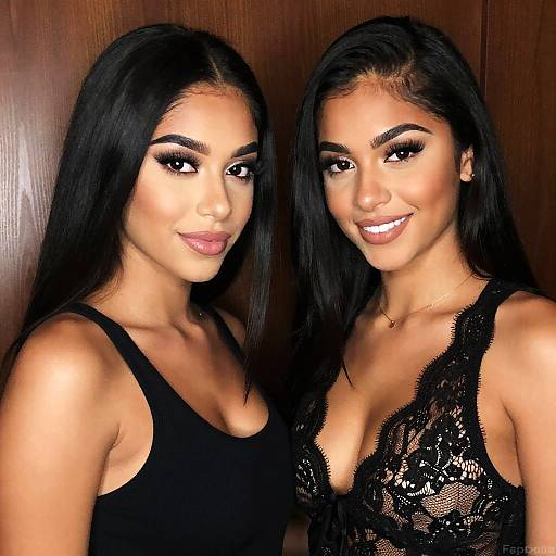 Photograph of two smiling women with long black hair, wearing black tank tops and lace tops, standing against a wooden background.