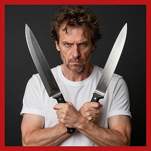 Intense Portrait of a Knife-Wielding Man