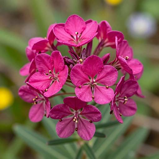 Close-up photograph of vibrant pink snapdragon flowers with delicate petals and yellow-tipped stamens, set against a blurred green and yellow garden background.