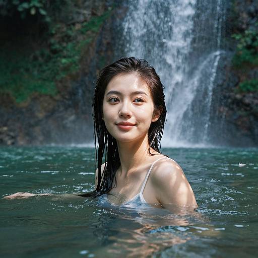 Photograph of an Asian woman with wet black hair, smiling in a natural waterfall pool, wearing a white spaghetti-strap top.