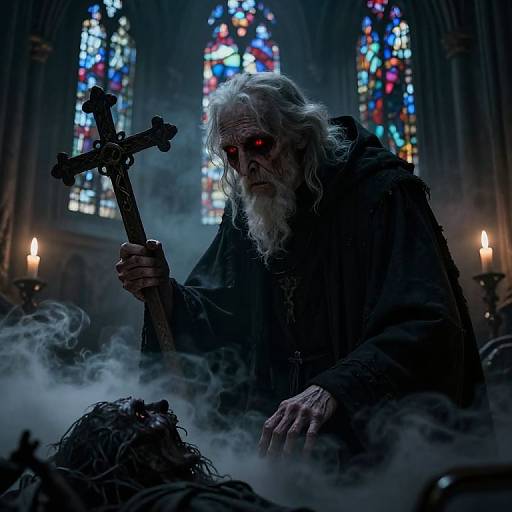 Photograph of a menacing, white-bearded, glowing-eyed old man with a crucifix, standing in a dark, mist-filled cathedral, illuminated by