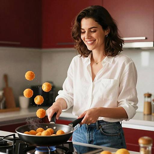 Photograph of a smiling, dark-haired woman in a white blouse and blue jeans frying orange dumplings in a red kitchen.