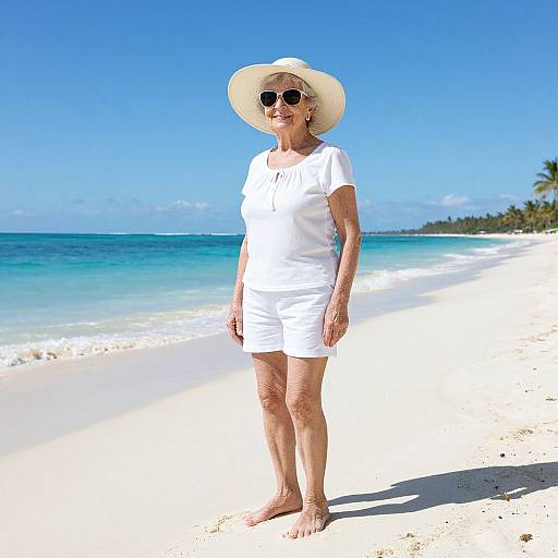 Photograph of an elderly woman with fair skin, wearing a white dress, wide-brimmed hat, and sunglasses, standing on a bright, sunny