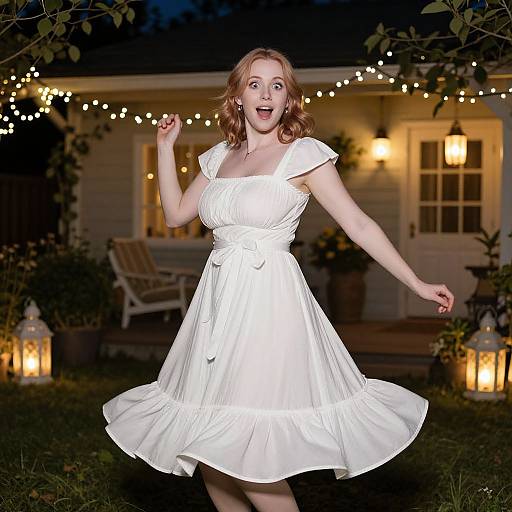 Photograph of a joyful red-haired woman in a white, knee-length, pleated dress, dancing outdoors at night under string lights.