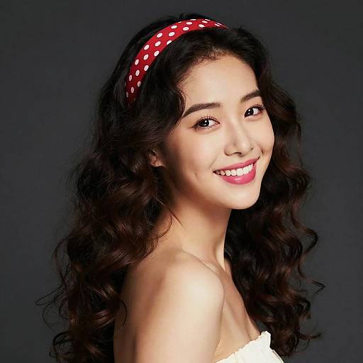 Photograph of a smiling young woman with long, wavy black hair, wearing a red polka-dot headband and white strapless top, against