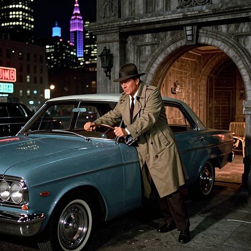 Photograph of a detective in a tan trench coat and fedora, leaning on a blue vintage car at night, beside an arched stone building with