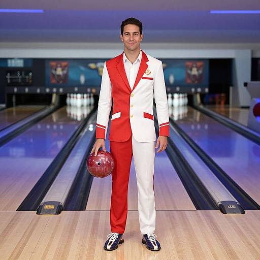 Photograph of a smiling man in a red and white bowling-themed suit holding a red bowling ball, standing on a bowling alley lane.