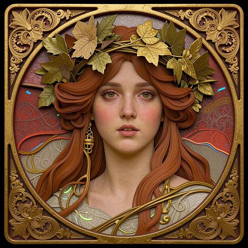 Digital Art: Beautiful, fair-skinned woman with long, wavy auburn hair, golden leaf headpiece, and intricate gold and red orn