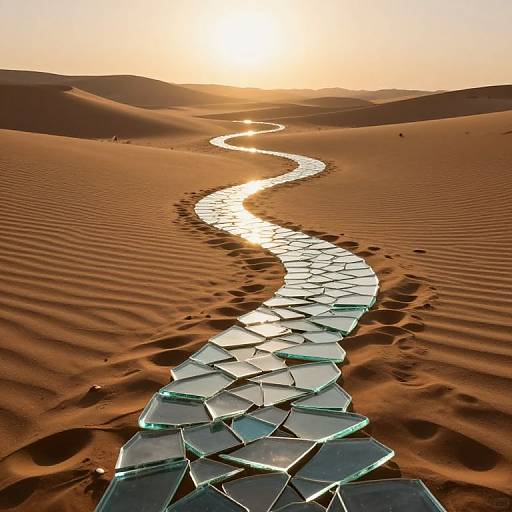 Photograph of a sunlit desert with rippling sand dunes, featuring a winding path of reflective, glass-like tiles leading to the horizon.