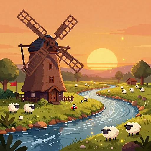 Pixel Art Rustic Windmill Farm