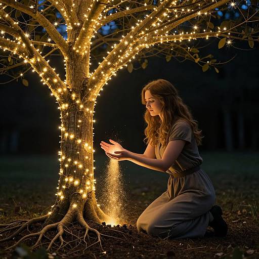 Photograph of a woman with wavy brown hair, in a gray dress, kneeling by a tree adorned with glowing fairy lights, sprinkling sparkles