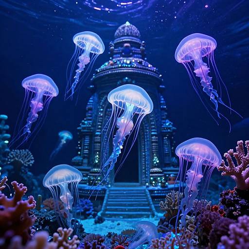 Photograph of glowing blue and purple jellyfish floating around a detailed, illuminated temple structure with vibrant coral reefs in the foreground.