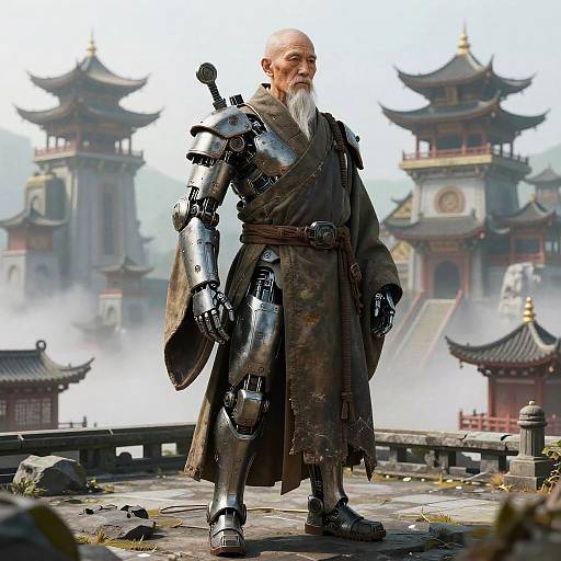 Elderly Cyborg Monk in Neo-Asian Monastery