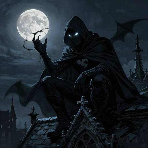 Digital illustration of a shadowy, glowing-eyed bat-winged figure with a hood, gripping a broken branch under a full moon, perched on a