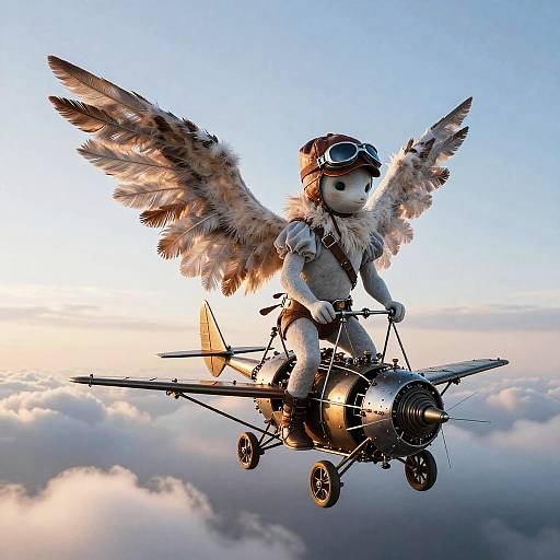 Digital artwork of a winged, aviator-costumed doll flying a vintage biplane above fluffy clouds at sunset. Detailed feathers and goggles add realism.