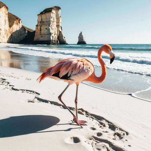 Flamingo on Sandy Beach with Cliffs