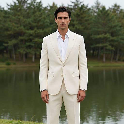 Photograph of a handsome man with dark hair, wearing a crisp white suit and shirt, standing in front of a forested lake.