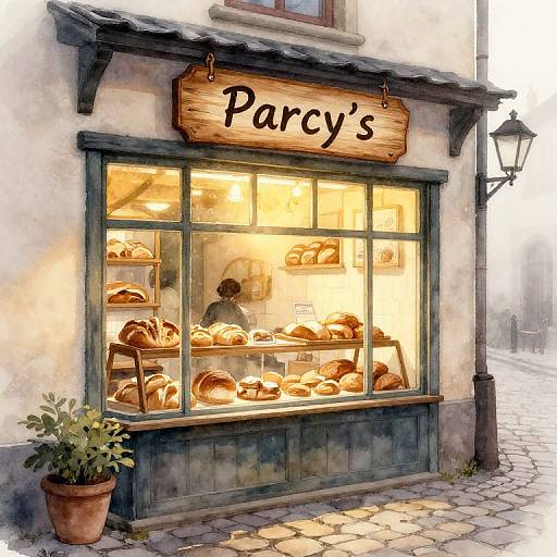 Watercolor-style illustration of a quaint bakery with a glowing window displaying freshly baked bread, 