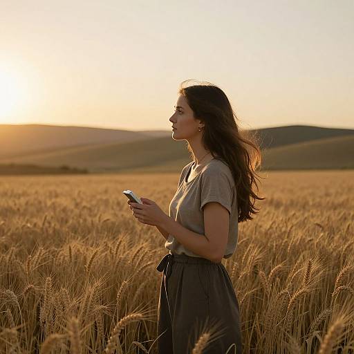 Photograph of a young woman with long brown hair, wearing a beige shirt and dark pants, standing in a golden wheat field at sunset, holding a