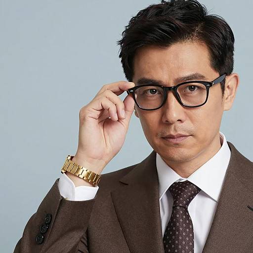 Man Adjusting Glasses in Brown Suit